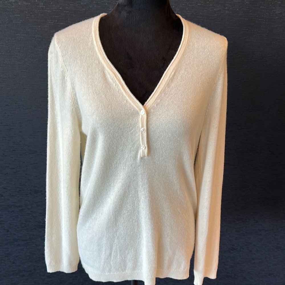 Alex Marie Cream Button-Placket V-Neck Sweater